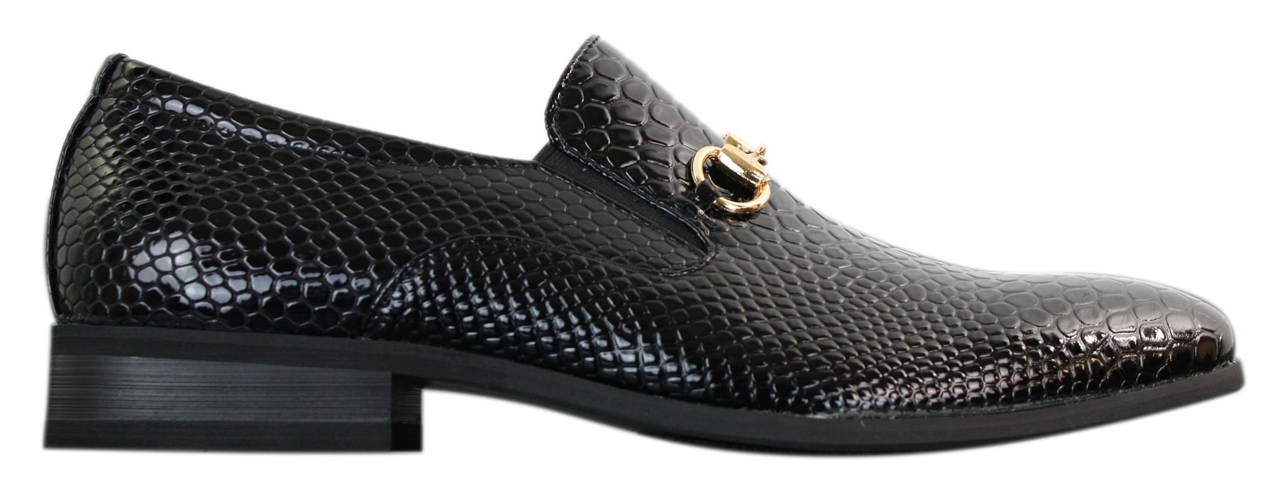 Patron 80058 miesten mustat lakkakengät, kiiltävät slip-on PU-käärmeenmuotoiset krokotiilinnahkaiset kengät, kultainen solki