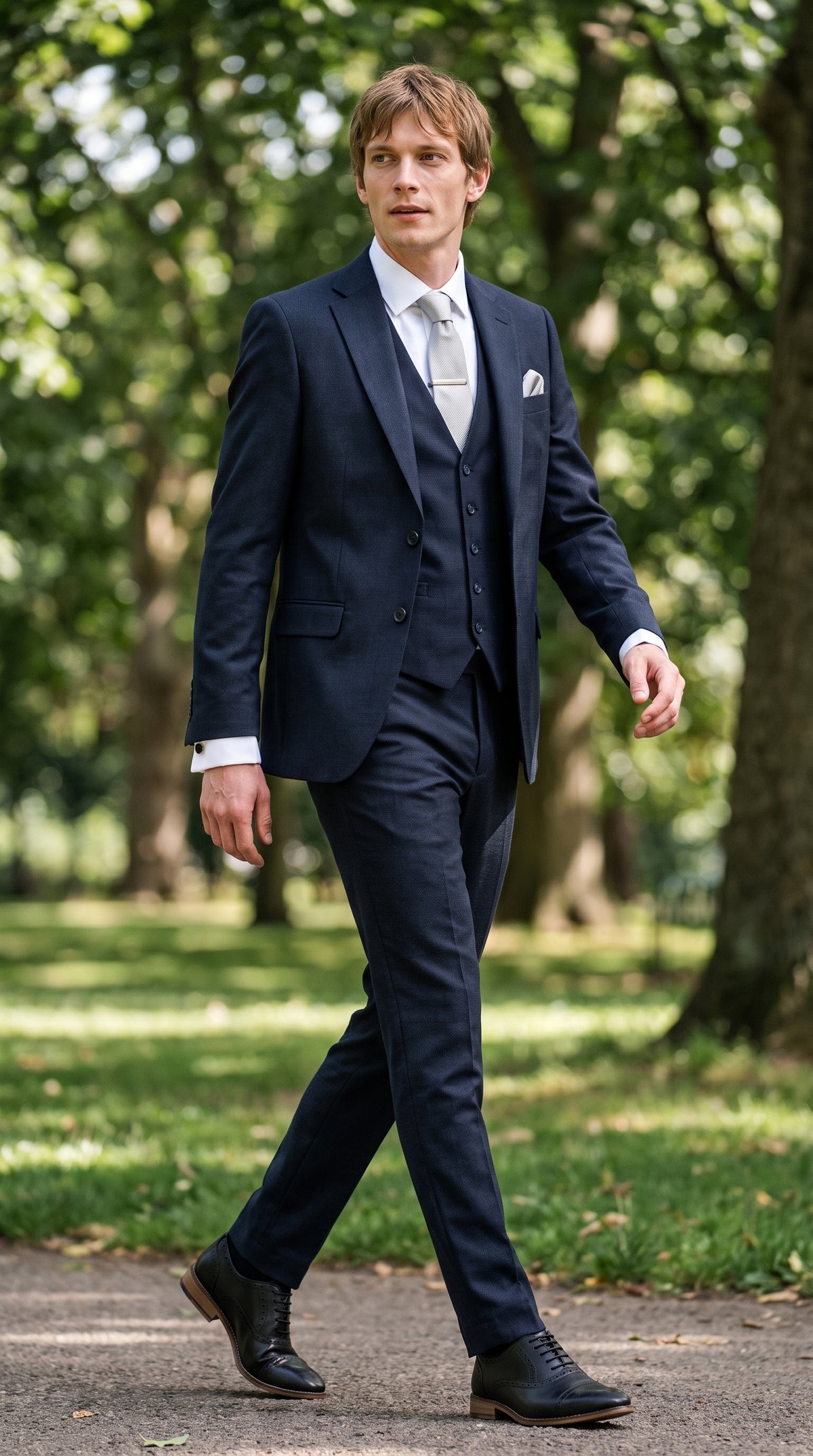 Look #823 styled with Bond - Miesten tummansininen kolmiosainen mittatilaustyönä tehty puku