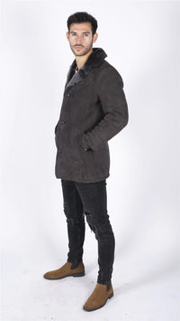 Miesten aito lampaannahkainen takki, ruskea, vintage-klassinen 3/4-takki, nappikaulus, v-aukkoinen