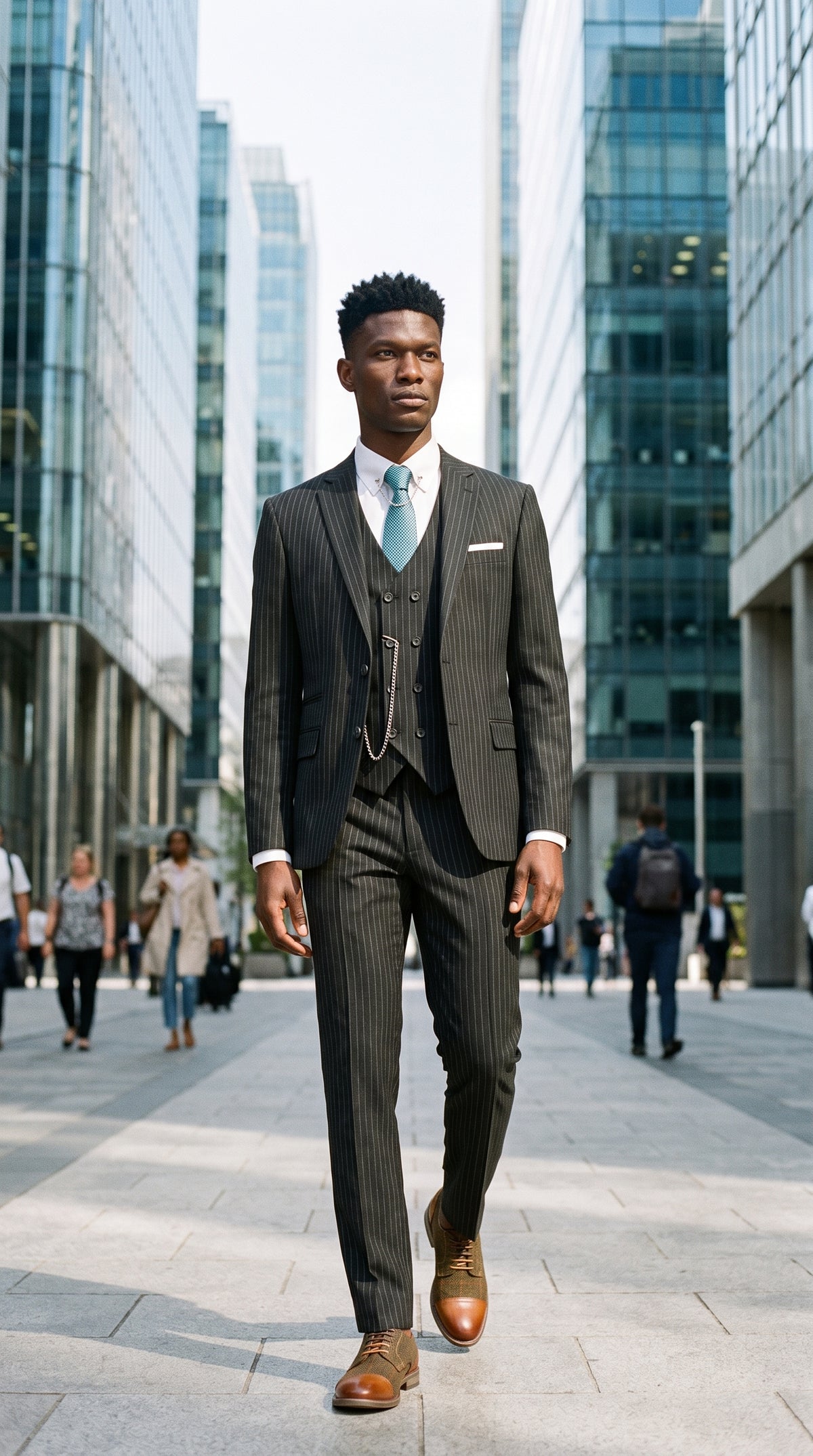 Look #276 styled with Miesten musta kolmiosainen pinstripe-puku