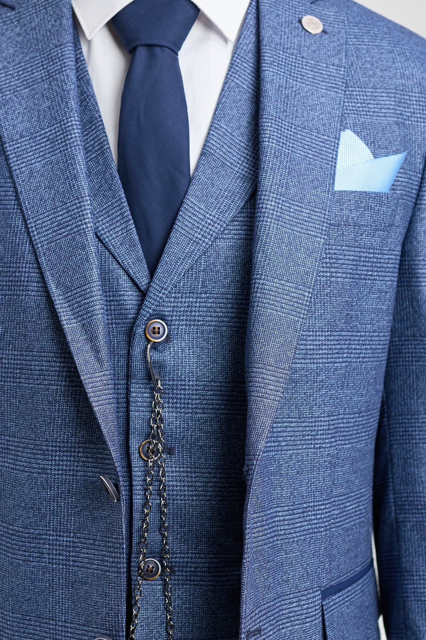 AK-09 Miesten kolmiosainen räätälöity sininen ruutupuku, Prince of Wales -kuvio