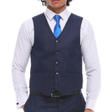 Miesten 3-osainen puku, laivastonsininen ruutukuosillinen, kontrastikuvioinen liivi, mittatilaustyönä tehty istuvuus, häät