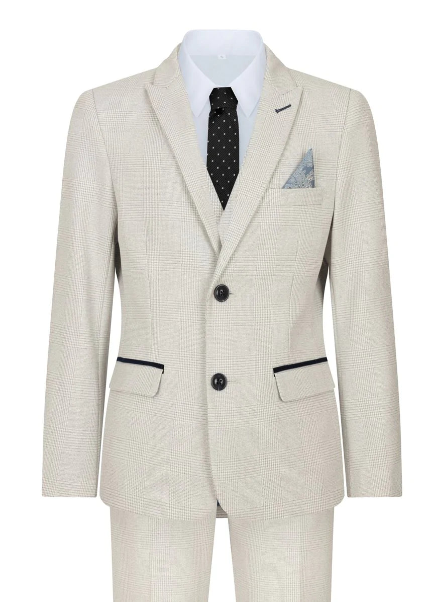 Poikien 3-osainen kermanvärinen tweed-puku hääjuhlille, ruutukuvioinen, räätälöity istuvuus, tyylikäs ja muodollinen