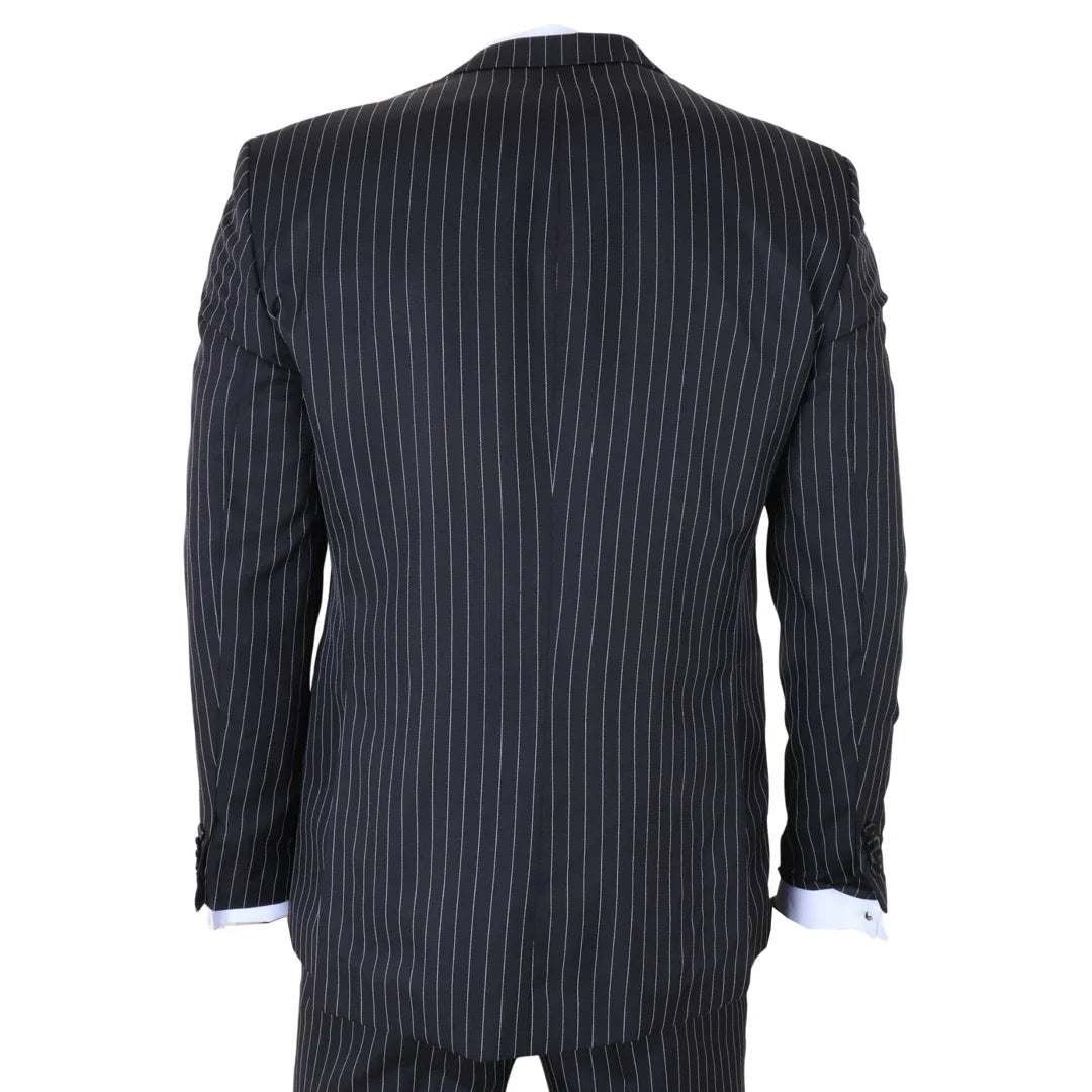 IM45 - Miesten musta kolmiosainen pinstripe-puku mafiatyyliin