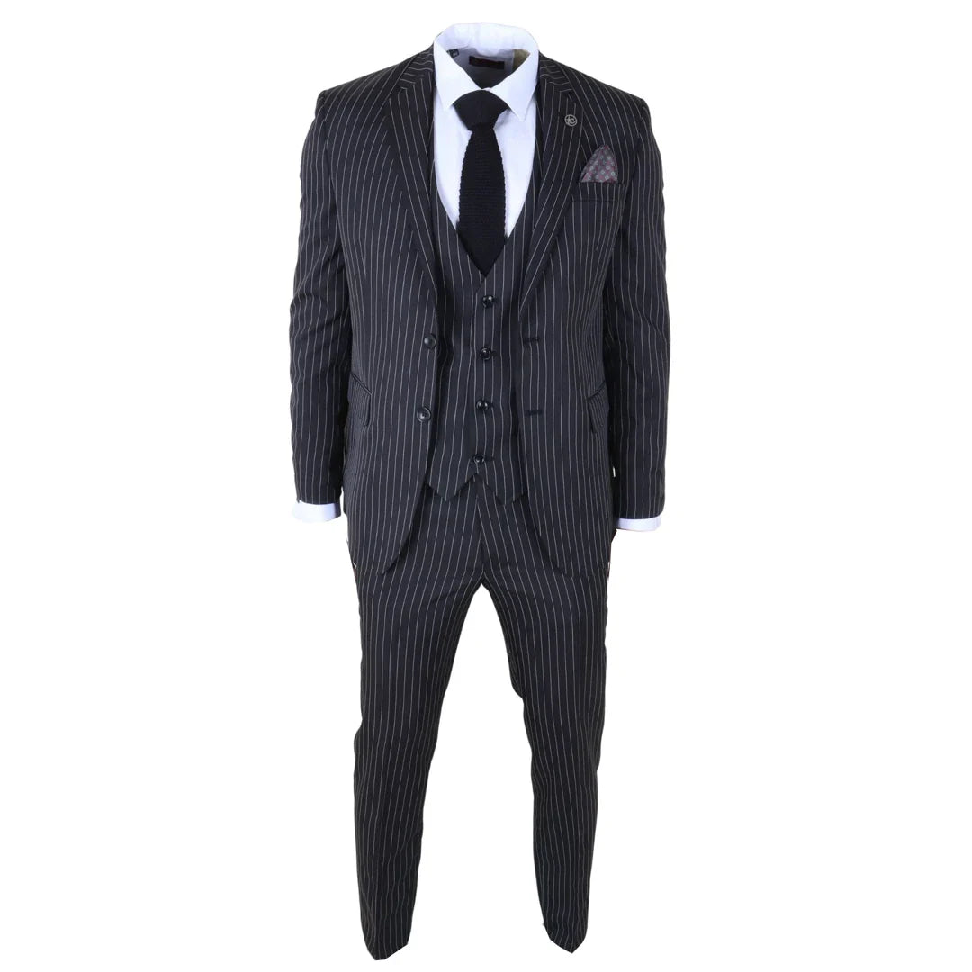 IM45 - Miesten musta kolmiosainen pinstripe-puku mafiatyyliin