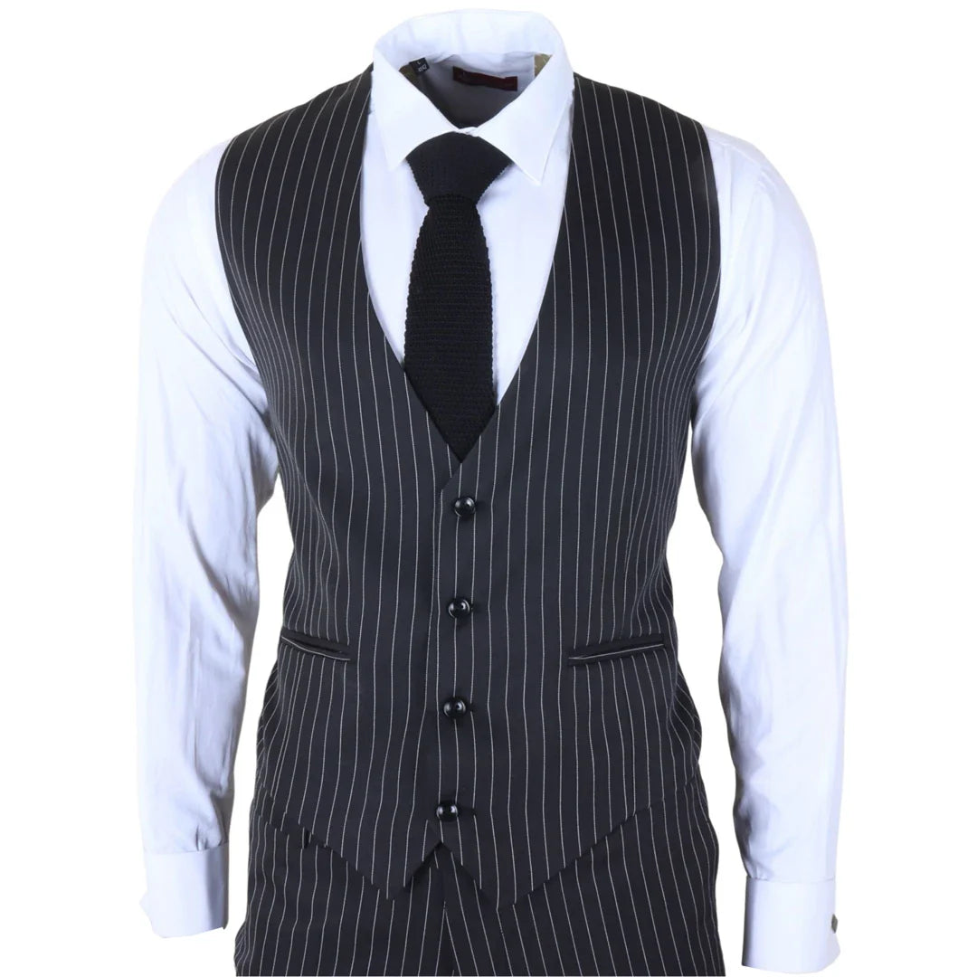 IM45 - Miesten musta kolmiosainen pinstripe-puku mafiatyyliin