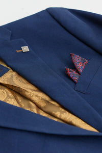 Miesten laivastonsininen kolmiosainen puku, ruskeareunainen, klassinen Birdseye-tyylinen vintage-hääpuku, sulhasille