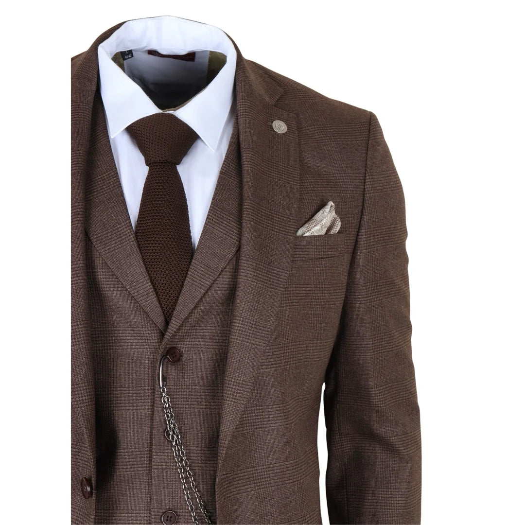 TP-50 - Miesten ruskea kolmiosainen ruutupuku Prince of Wales -kuviolla