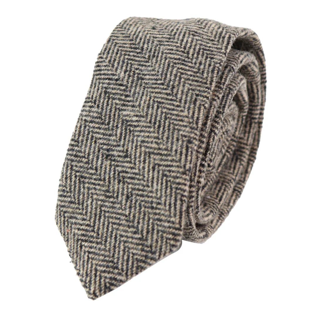 281 - Miesten tamminen kalanruotokuvioinen tweed-villasolmio ja nenäliina 5 cm