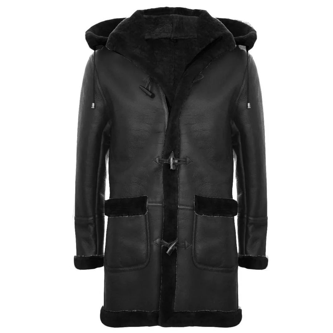 Miesten Shearling-lammasnahkainen duffelitakki, toisen maailmansodan aikainen, 3/4-tuumainen nahkahuppu, UK:n talvi