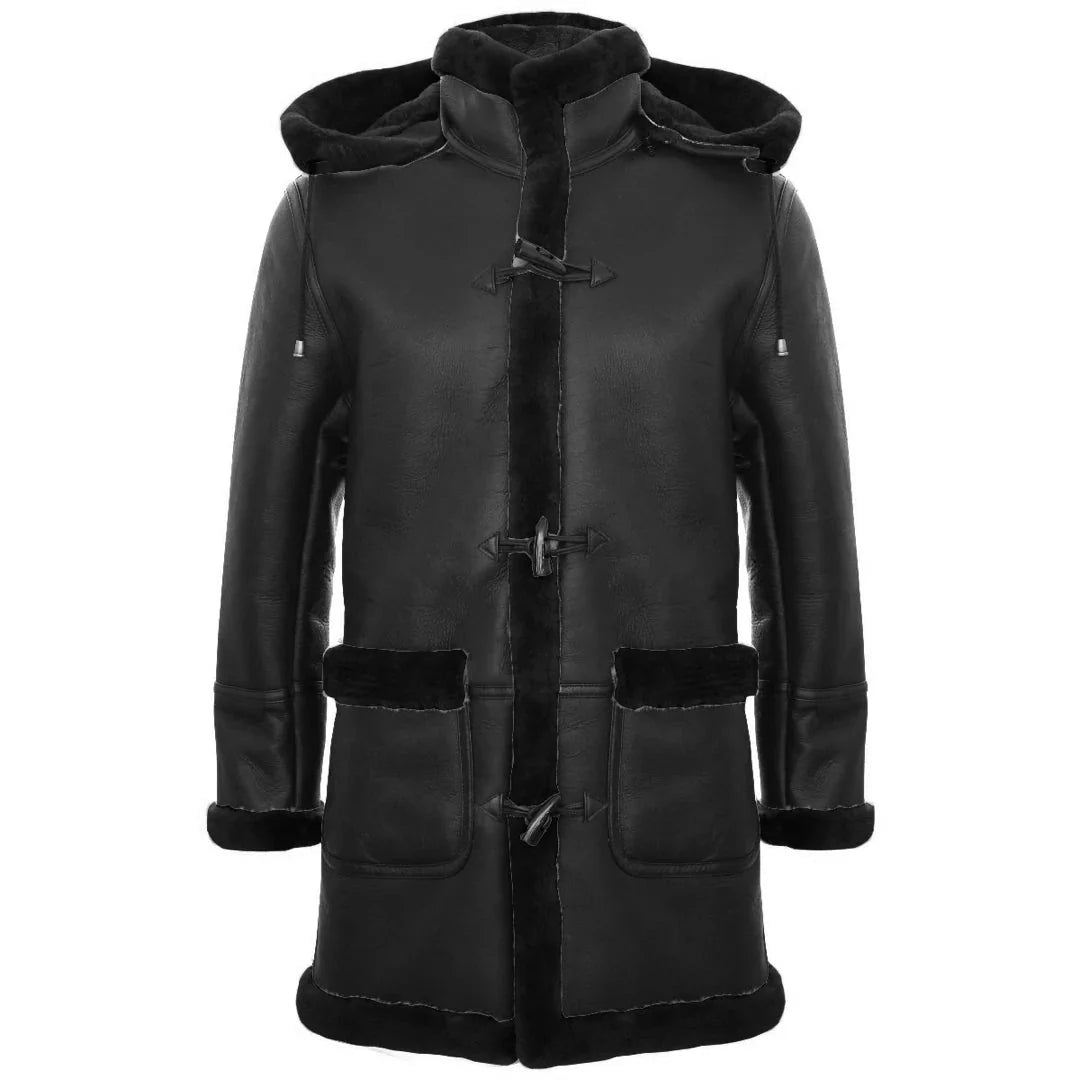 Miesten Shearling-lammasnahkainen duffelitakki, toisen maailmansodan aikainen, 3/4-tuumainen nahkahuppu, UK:n talvi