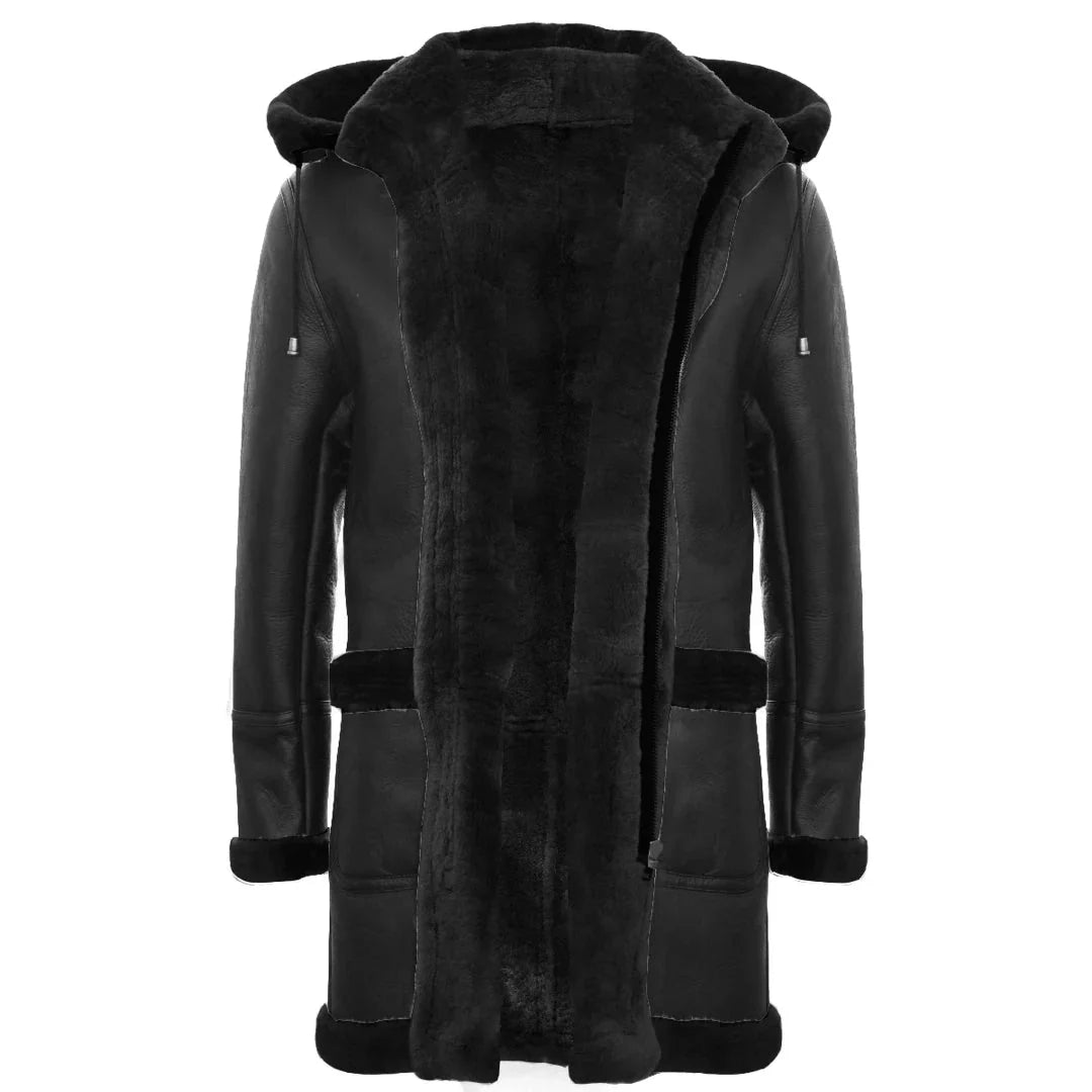 Miesten Shearling-lammasnahkainen duffelitakki, toisen maailmansodan aikainen, 3/4-tuumainen nahkahuppu, UK:n talvi