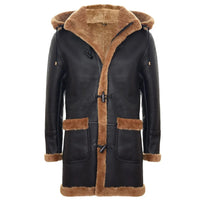 Miesten Shearling-lammasnahkainen duffelitakki, toisen maailmansodan tyyliä, UK:n talvi 3/4-tuumainen huppu, ruskea, inkivääri