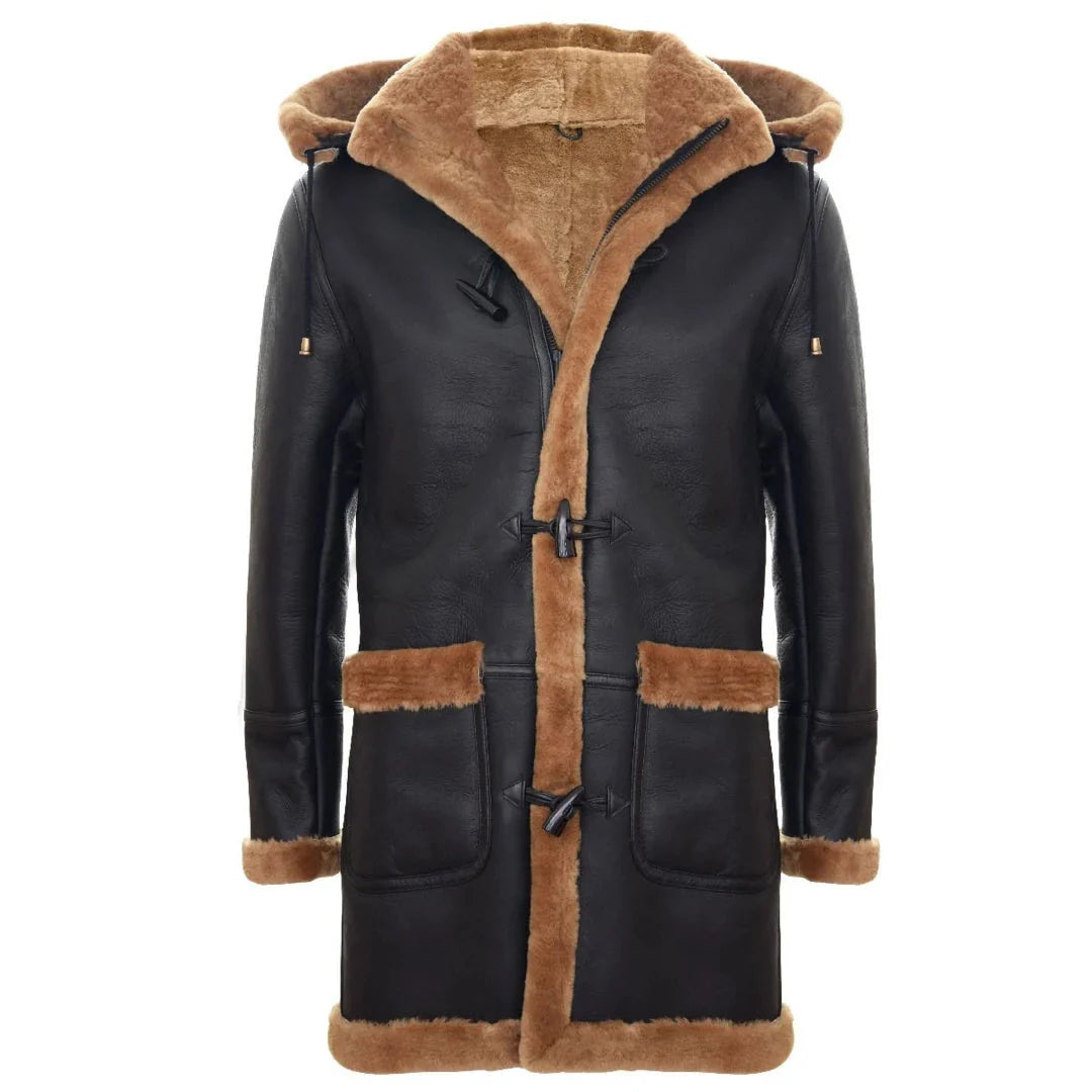 Miesten Shearling-lammasnahkainen duffelitakki, toisen maailmansodan tyyliä, UK:n talvi 3/4-tuumainen huppu, ruskea, inkivääri