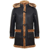 Miesten Shearling-lammasnahkainen duffelitakki, toisen maailmansodan tyyliä, UK:n talvi 3/4-tuumainen huppu, ruskea, inkivääri