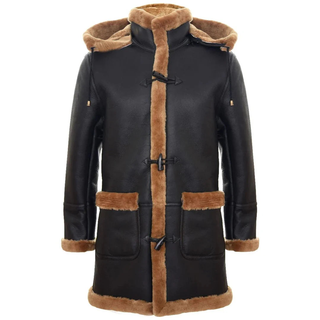 Miesten Shearling-lammasnahkainen duffelitakki, toisen maailmansodan tyyliä, UK:n talvi 3/4-tuumainen huppu, ruskea, inkivääri