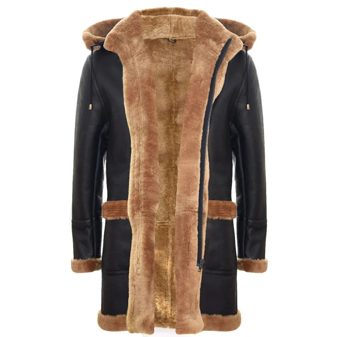 Miesten Shearling-lammasnahkainen duffelitakki, toisen maailmansodan tyyliä, UK:n talvi 3/4-tuumainen huppu, ruskea, inkivääri