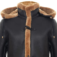 Miesten Shearling-lammasnahkainen duffelitakki, toisen maailmansodan tyyliä, UK:n talvi 3/4-tuumainen huppu, ruskea, inkivääri