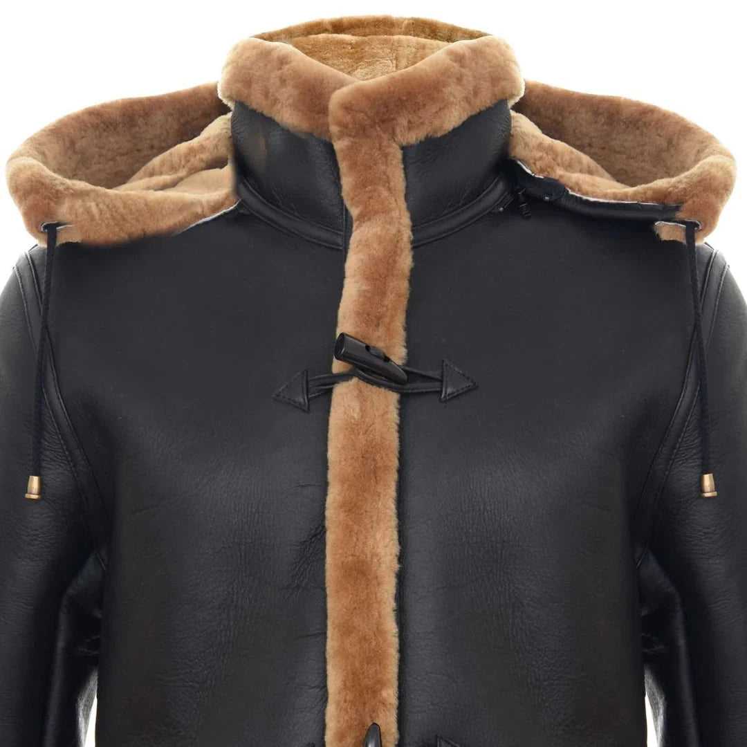 Miesten Shearling-lammasnahkainen duffelitakki, toisen maailmansodan tyyliä, UK:n talvi 3/4-tuumainen huppu, ruskea, inkivääri