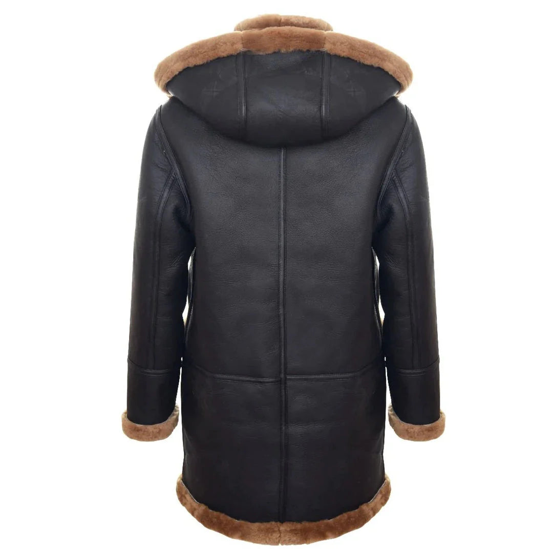 Miesten Shearling-lammasnahkainen duffelitakki, toisen maailmansodan tyyliä, UK:n talvi 3/4-tuumainen huppu, ruskea, inkivääri