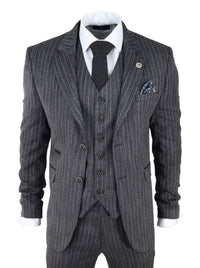 Miesten harmaa kolmiosainen pinstripe-tweedpuku kalanruotokuviolla
