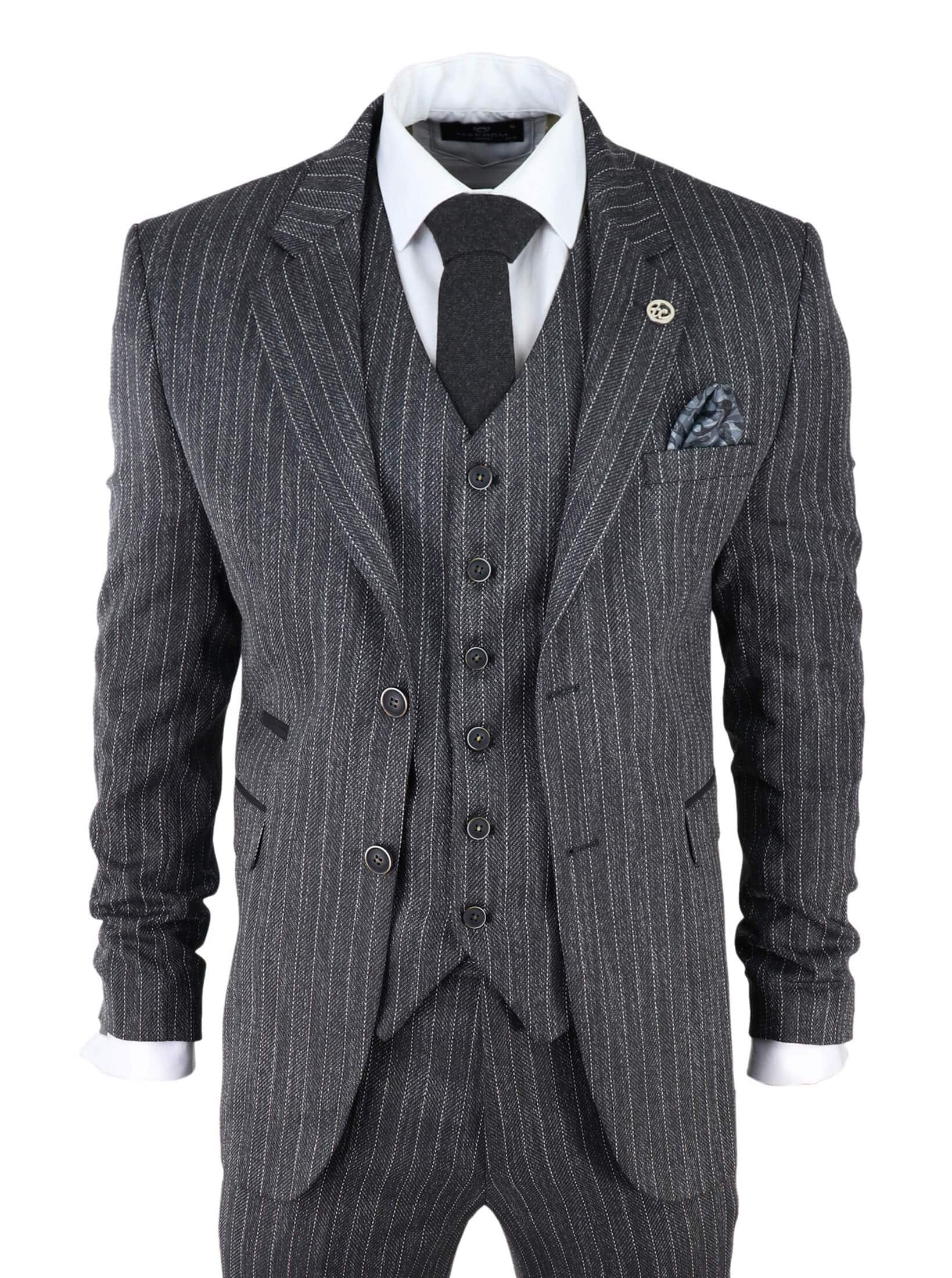 Miesten harmaa kolmiosainen pinstripe-tweedpuku kalanruotokuviolla