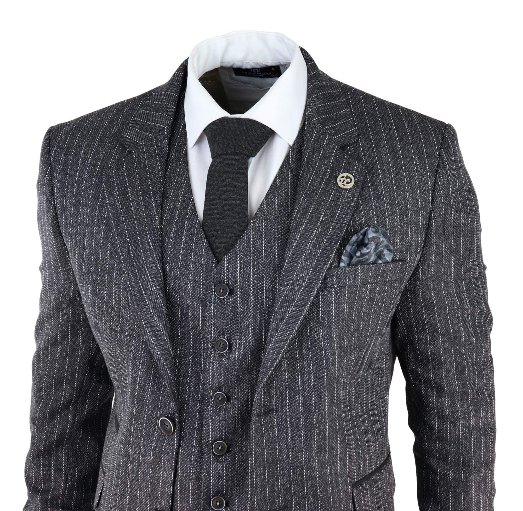 Miesten harmaa kolmiosainen pinstripe-tweedpuku kalanruotokuviolla
