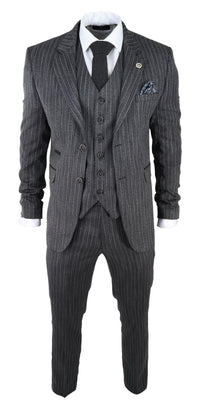 Miesten harmaa kolmiosainen pinstripe-tweedpuku kalanruotokuviolla