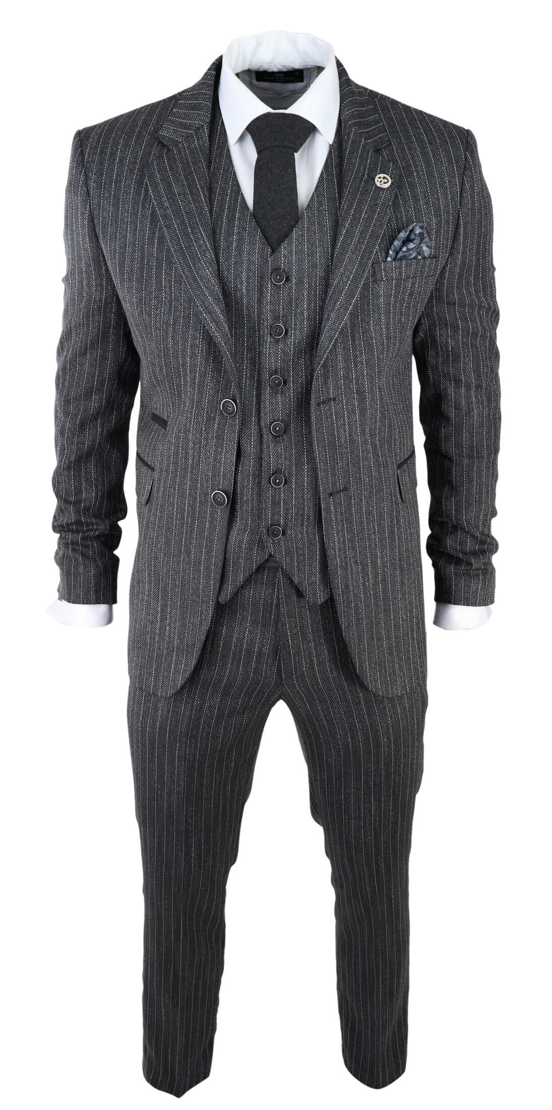 Miesten harmaa kolmiosainen pinstripe-tweedpuku kalanruotokuviolla
