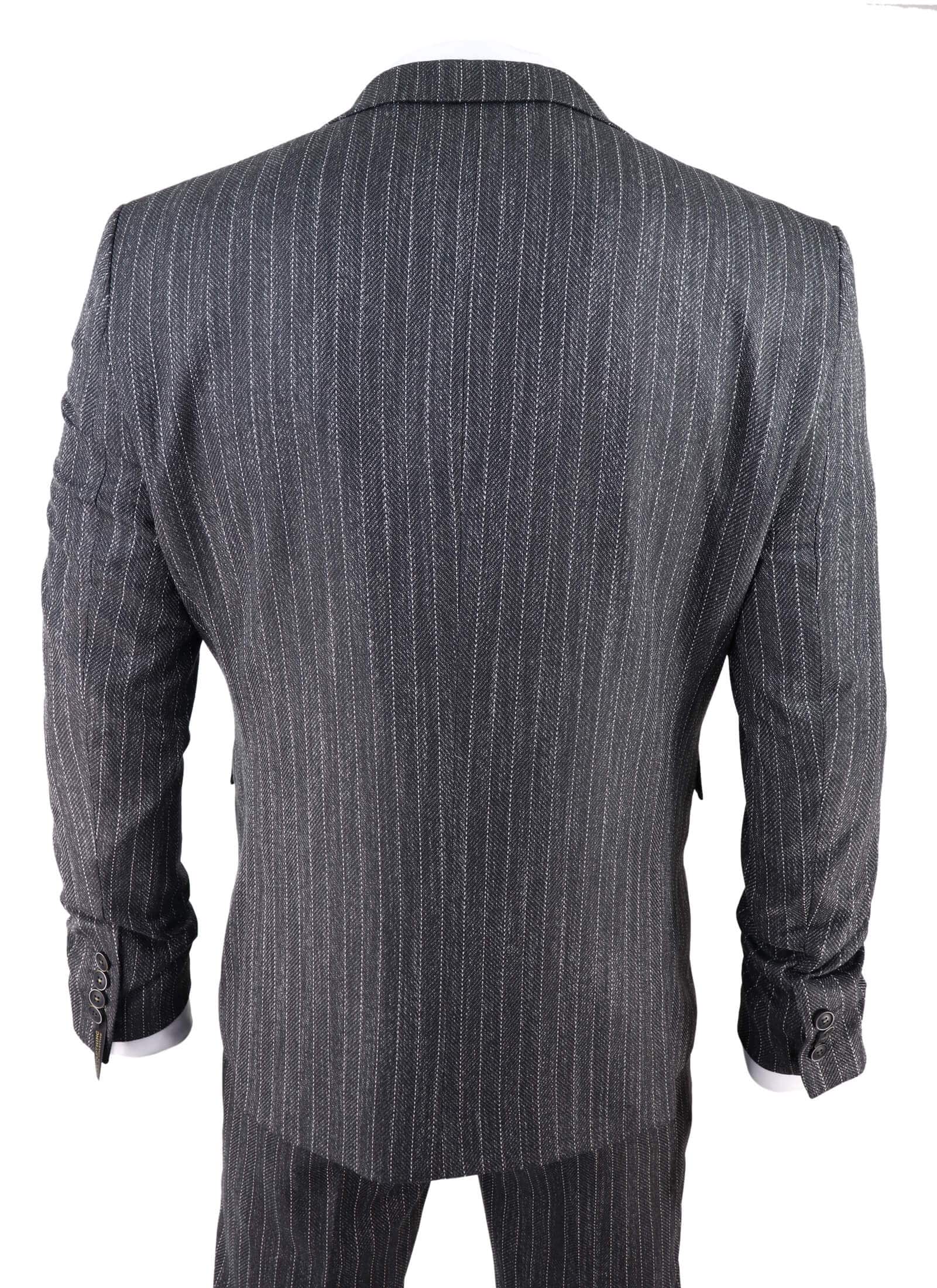 Miesten harmaa kolmiosainen pinstripe-tweedpuku kalanruotokuviolla