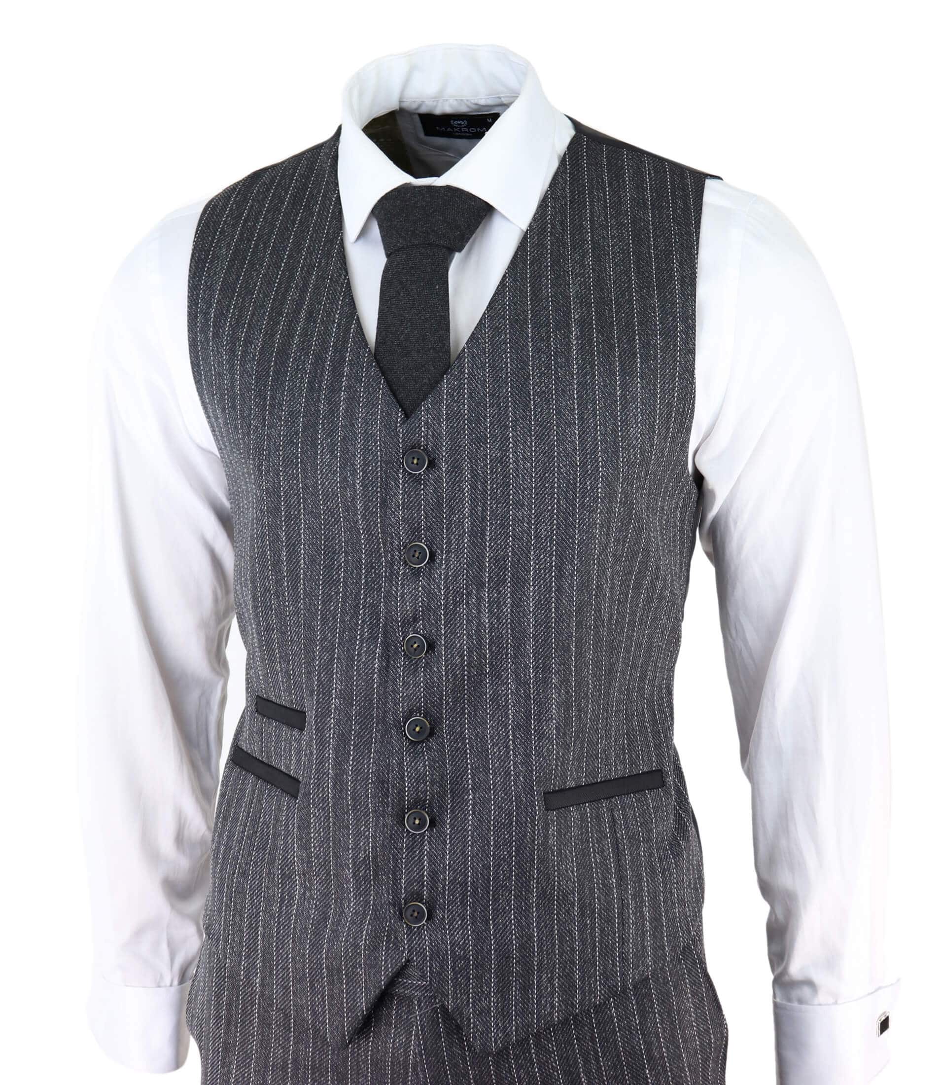 Miesten harmaa kolmiosainen pinstripe-tweedpuku kalanruotokuviolla