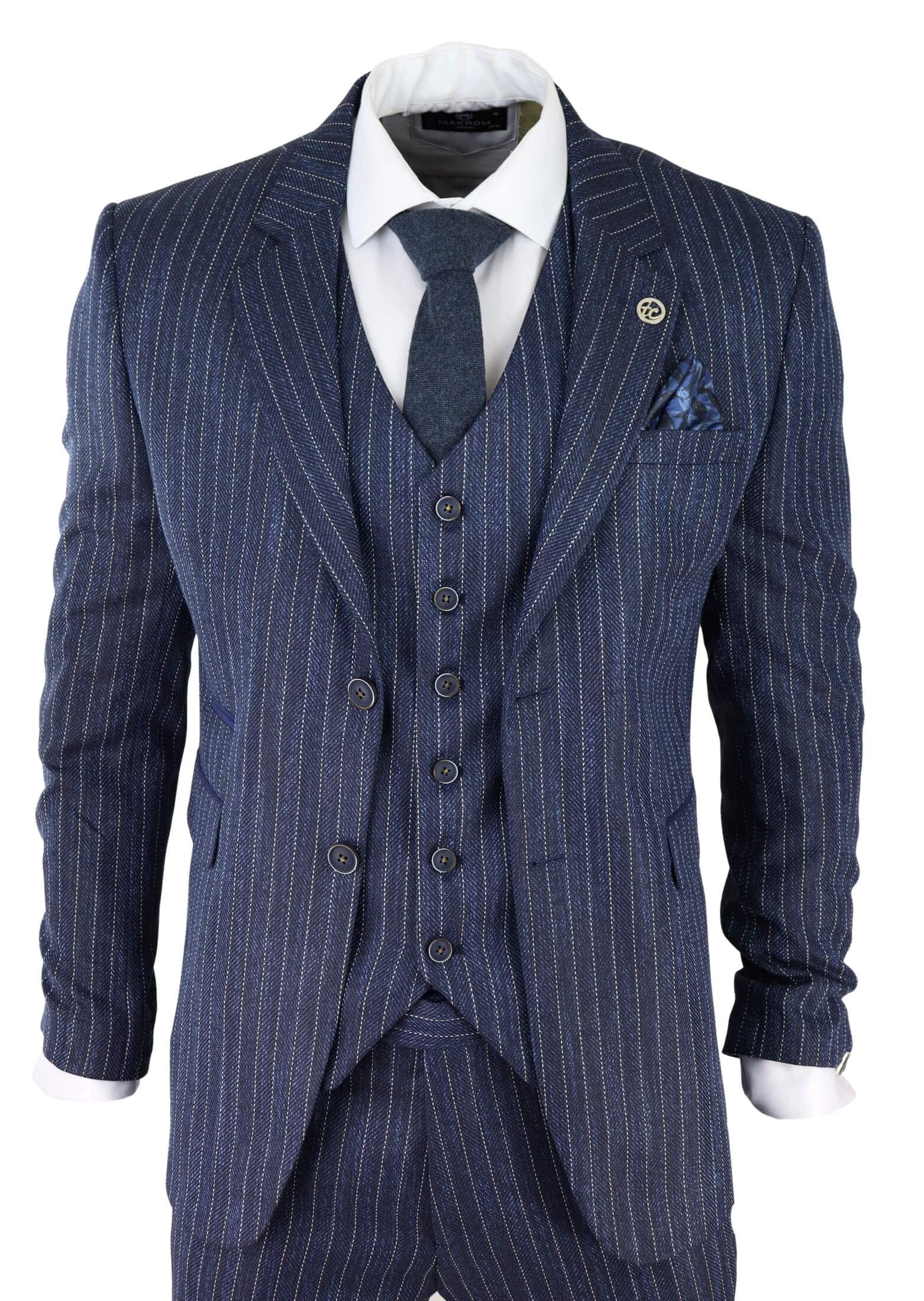 Miesten sininen kolmiosainen pinstripe-tweedpuku kalanruotokuviolla