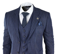 Miesten sininen kolmiosainen pinstripe-tweedpuku kalanruotokuviolla