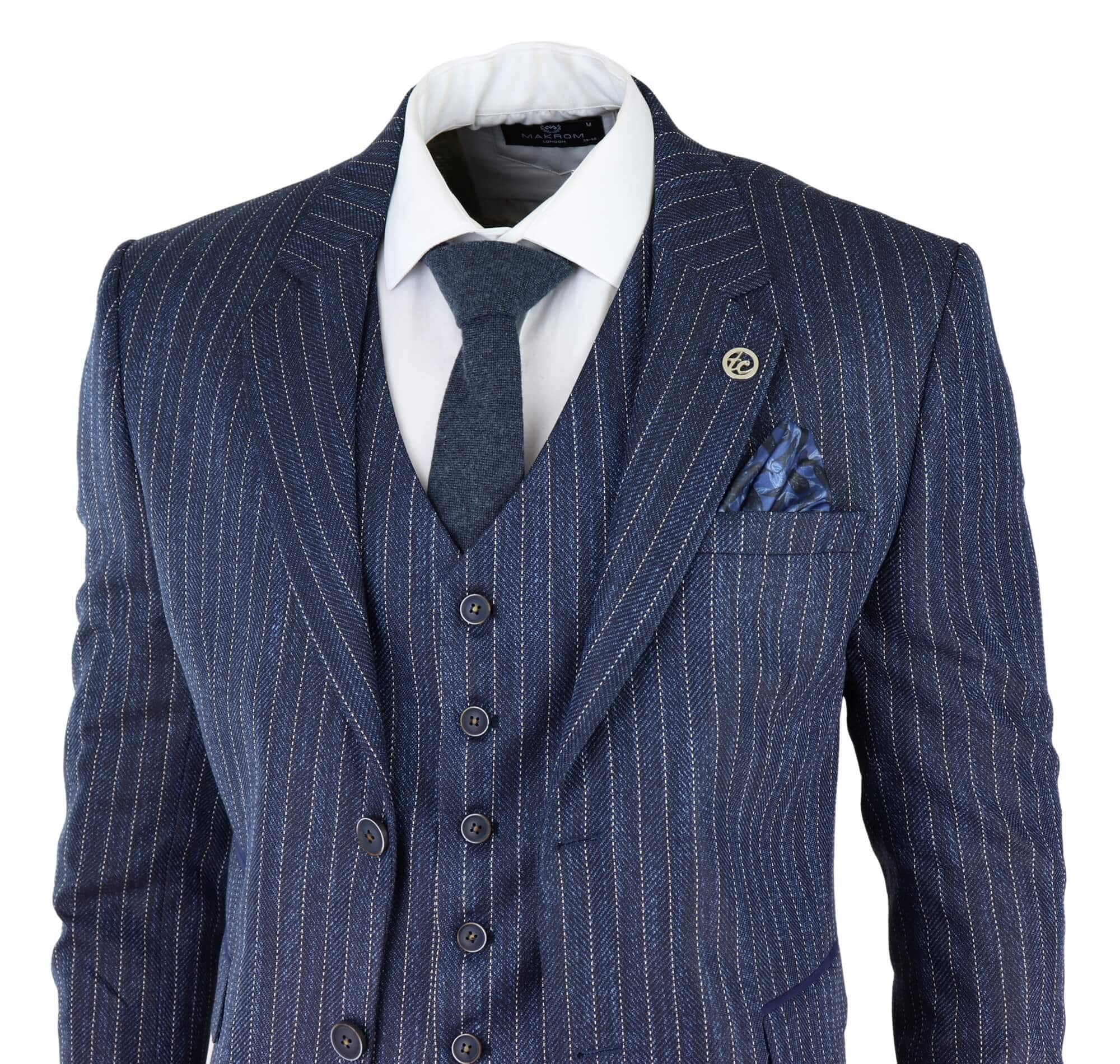 Miesten sininen kolmiosainen pinstripe-tweedpuku kalanruotokuviolla