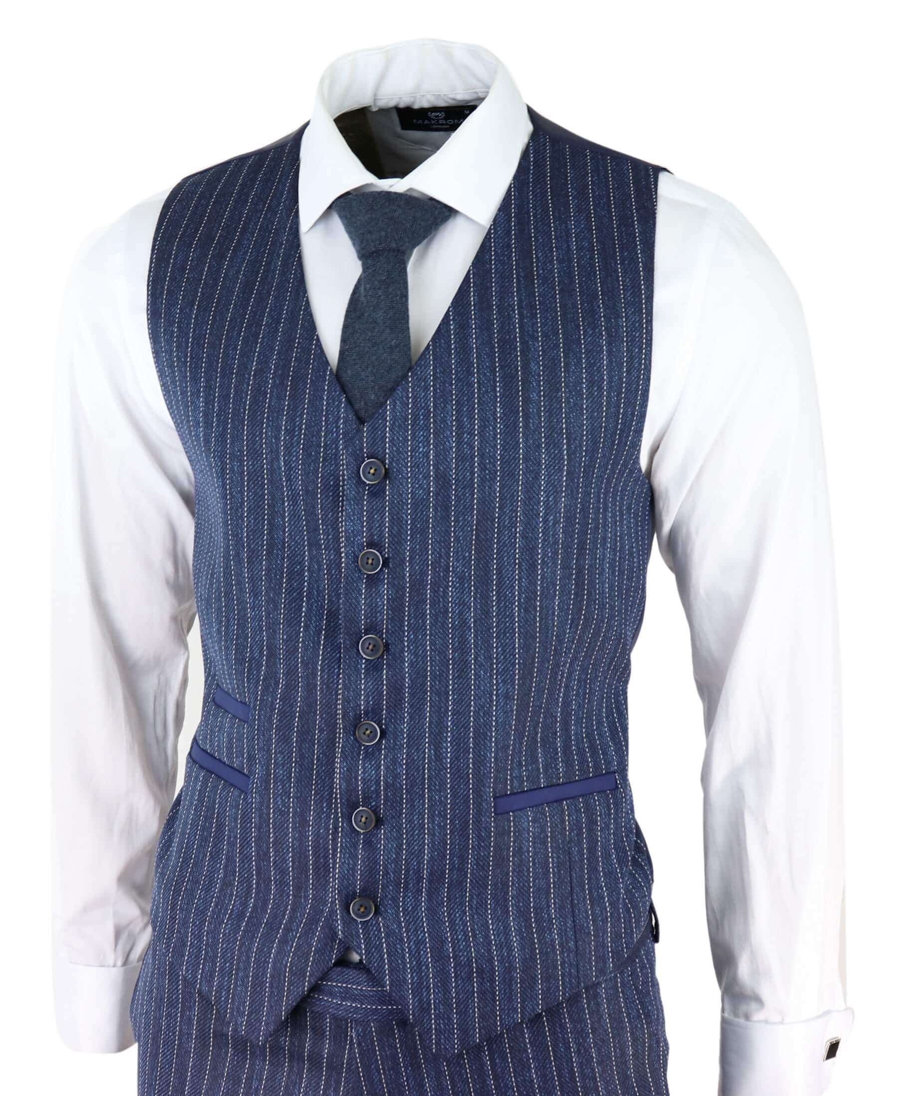 Miesten sininen kolmiosainen pinstripe-tweedpuku kalanruotokuviolla