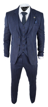 Miesten sininen kolmiosainen pinstripe-tweedpuku kalanruotokuviolla