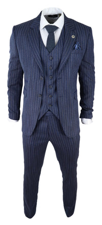 Miesten sininen kolmiosainen pinstripe-tweedpuku kalanruotokuviolla