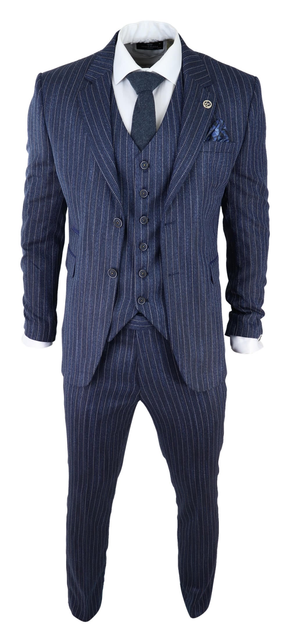 Miesten sininen kolmiosainen pinstripe-tweedpuku kalanruotokuviolla