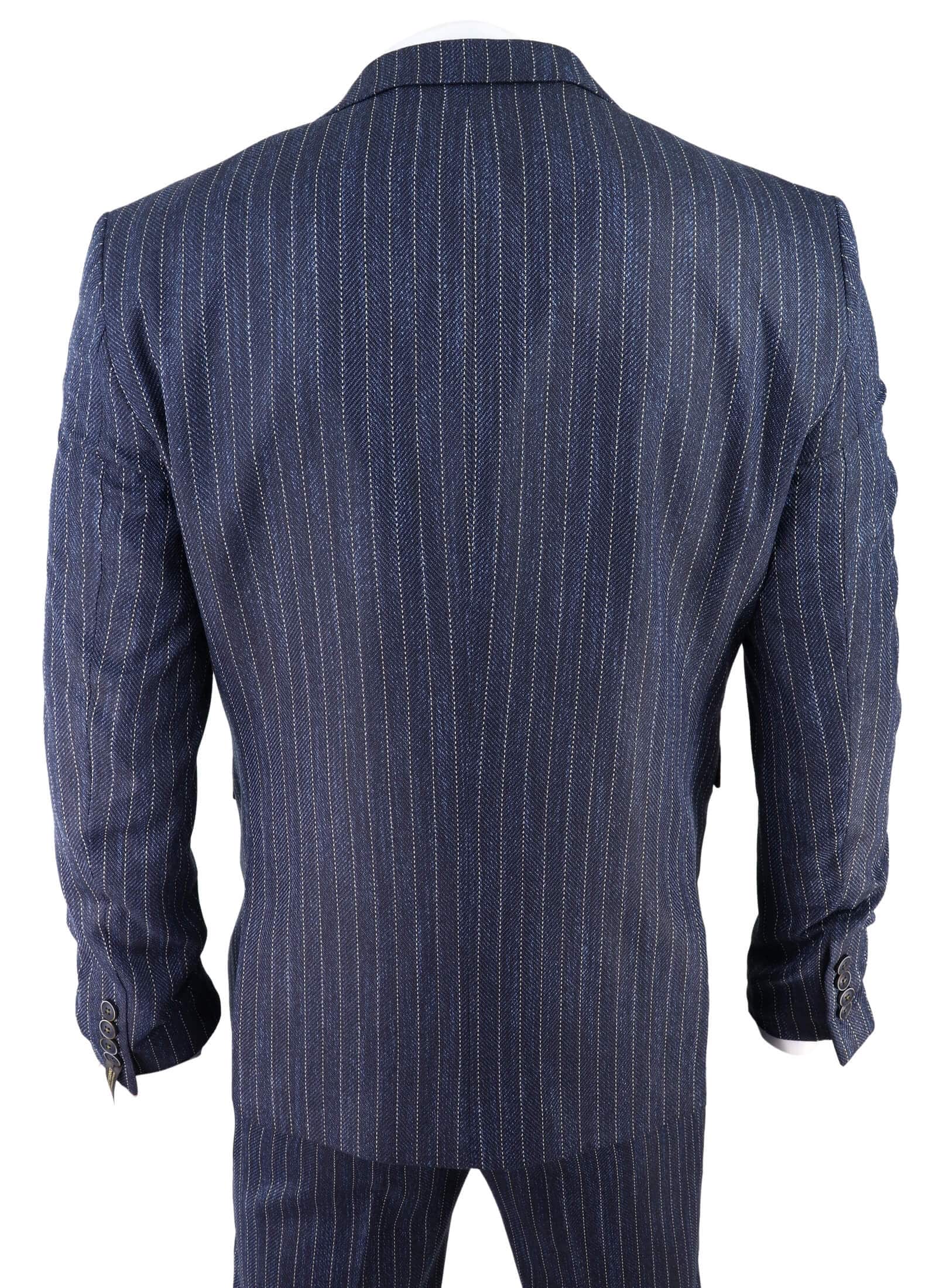 Miesten sininen kolmiosainen pinstripe-tweedpuku kalanruotokuviolla