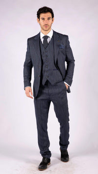Miesten sininen kolmiosainen pinstripe-tweedpuku kalanruotokuviolla