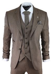 Miesten tammenruskea pinstripe-kalanruotokuvioinen tweed-puku, kolmiosainen
