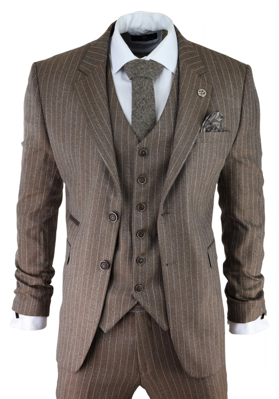 Miesten tammenruskea pinstripe-kalanruotokuvioinen tweed-puku, kolmiosainen