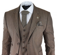 Miesten tammenruskea pinstripe-kalanruotokuvioinen tweed-puku, kolmiosainen