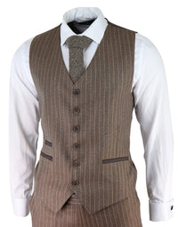 Miesten tammenruskea pinstripe-kalanruotokuvioinen tweed-puku, kolmiosainen