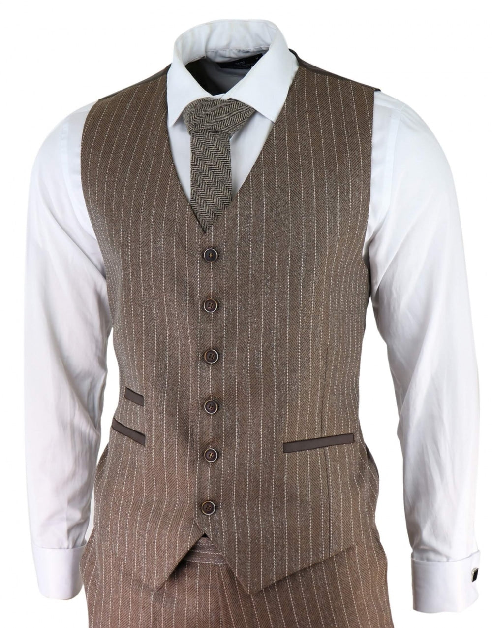 Miesten tammenruskea pinstripe-kalanruotokuvioinen tweed-puku, kolmiosainen