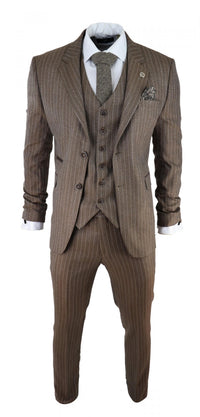 Miesten tammenruskea pinstripe-kalanruotokuvioinen tweed-puku, kolmiosainen