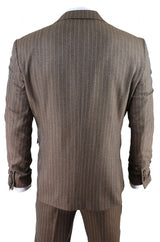 Miesten tammenruskea pinstripe-kalanruotokuvioinen tweed-puku, kolmiosainen
