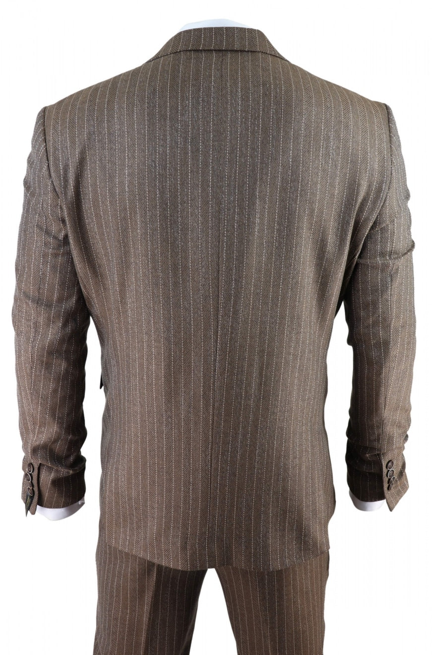 Miesten tammenruskea pinstripe-kalanruotokuvioinen tweed-puku, kolmiosainen