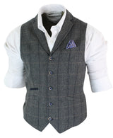 Cavani Albert - Miesten klassinen tweed-kuvioinen kalanruotokuvioinen ruudullinen ruskeanharmaa kapea istuvuus vintage-liivi - hiilenharmaa