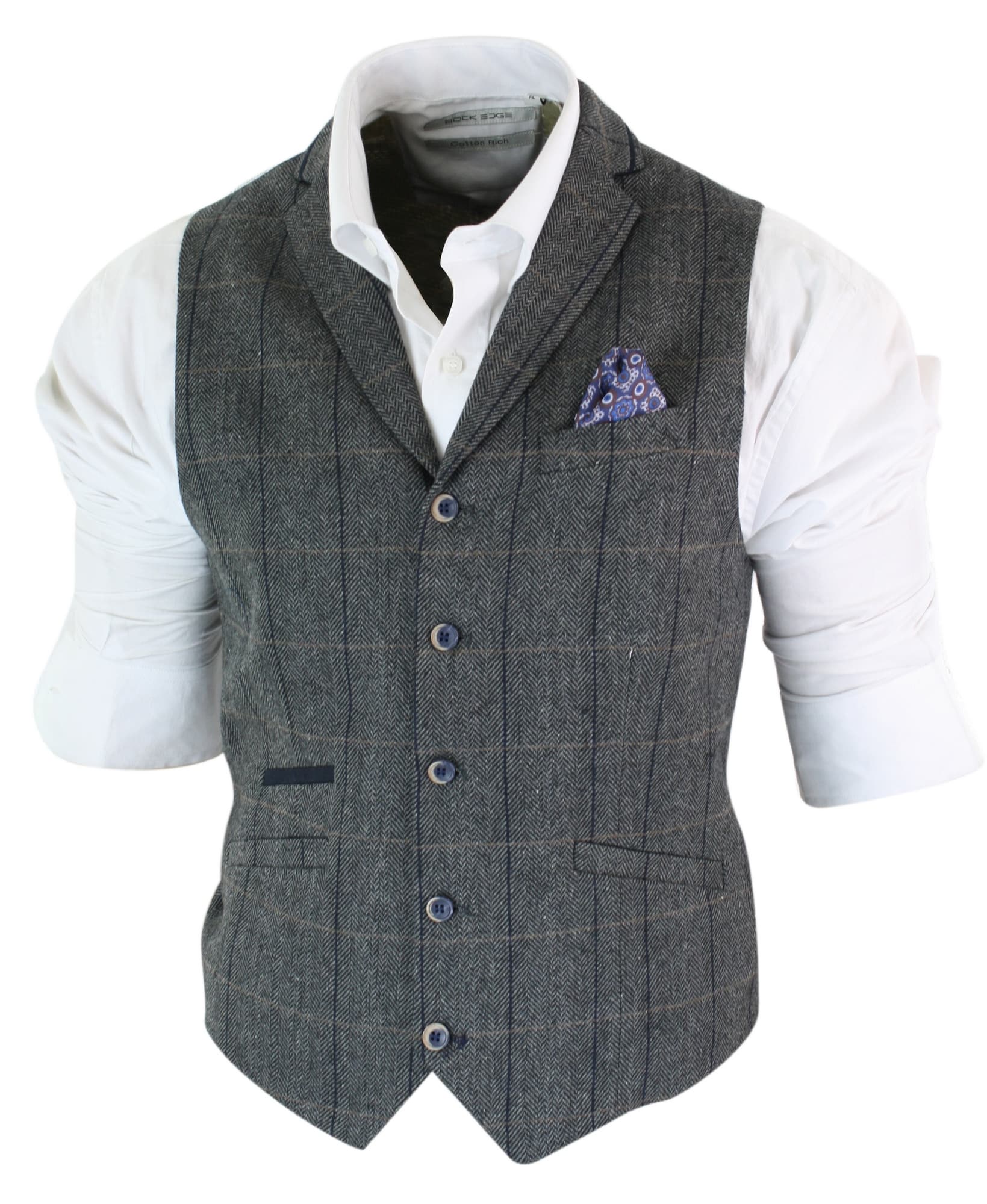 Cavani Albert - Miesten klassinen tweed-kuvioinen kalanruotokuvioinen ruudullinen ruskeanharmaa kapea istuvuus vintage-liivi - hiilenharmaa